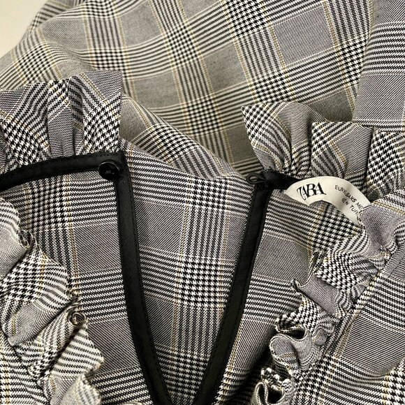 Zara Black/White Glen Check Long Sleeve Top Ruffled Collar Puff Sleeves, Size XS - Picture 6 of 8